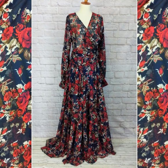 Karen T Designs Dresses & Skirts - Red Roses Maxi Dress Boho Long Sleeve Medium Long